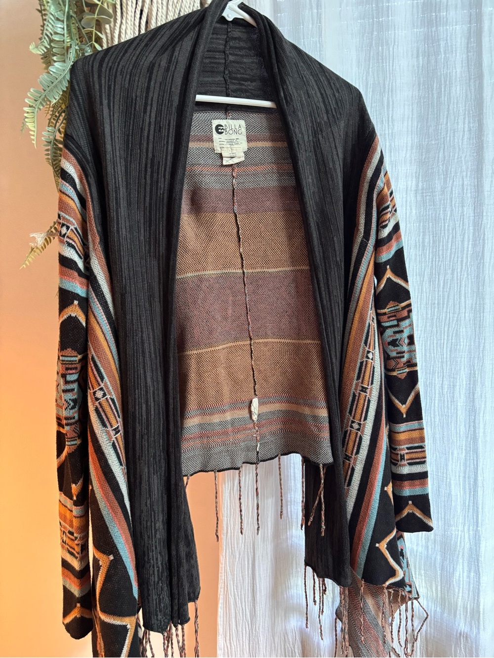 Billabong Black Open-Front Cardigan with Rust & Teal Accents